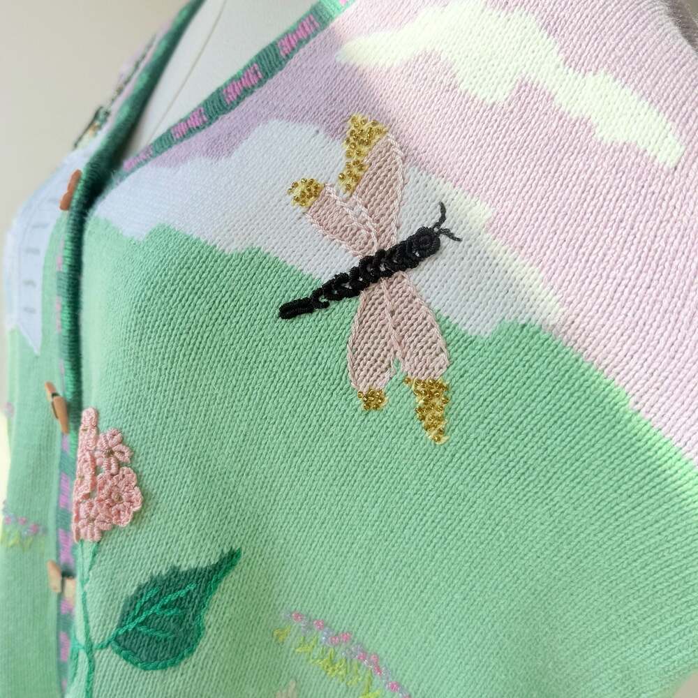 Vintage Storybook Butterfly and Floral Garden Knit Cardigan Sweater - Picture 11 of 15